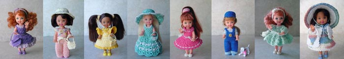 Images of 8 completed crochet day wear outfits from CrochetCraftsByHelga