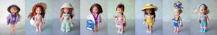 Images of 8 completed crochet Fun in the Sun outfits from CrochetCraftsByHelga