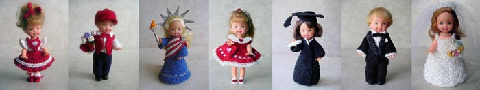 Images of 7 completed crochet Speciality outfits from CrochetCraftsByHelga