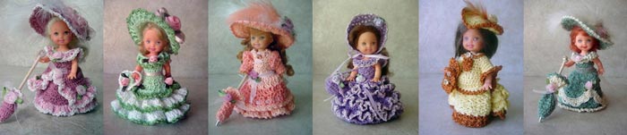 Images of 6 completed crochet victorian outfits from CrochetCraftsByHelga