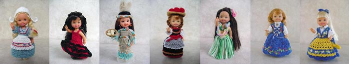 Images of 6 completed crochet dolls around the world outfits from CrochetCraftsByHelga